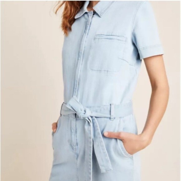 Ella Moss Belted Denim Short Sleeve Cropped Wide Leg Jumpsuit Relaxed Fit - Picture 3 of 16